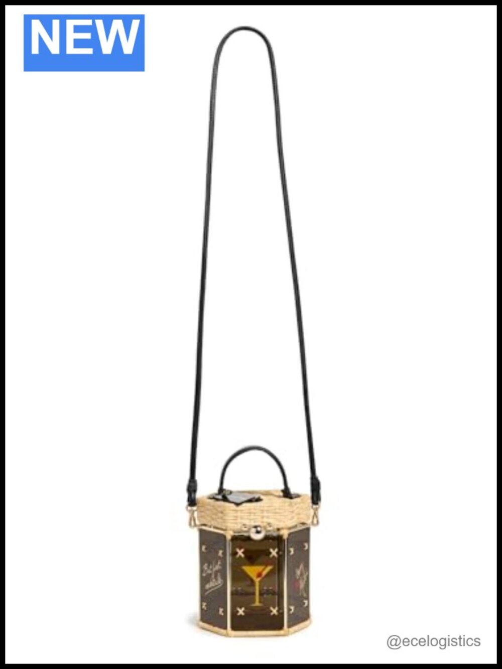 Acrylic Bucket Bag with Rattan Trim, Magnetic Closure, Gold Hardware